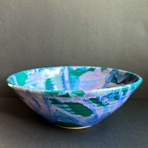 Artist Signed Studio Art Pottery Bowl Forest Green Purple Lavender Glaze 8” - Picture 3 of 9